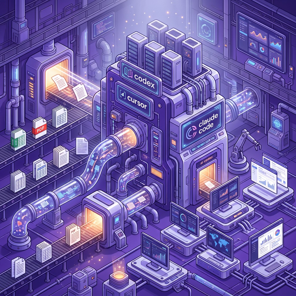 Иллюстрация: фабрика сервисов с Cursor, Codex и Claude Code